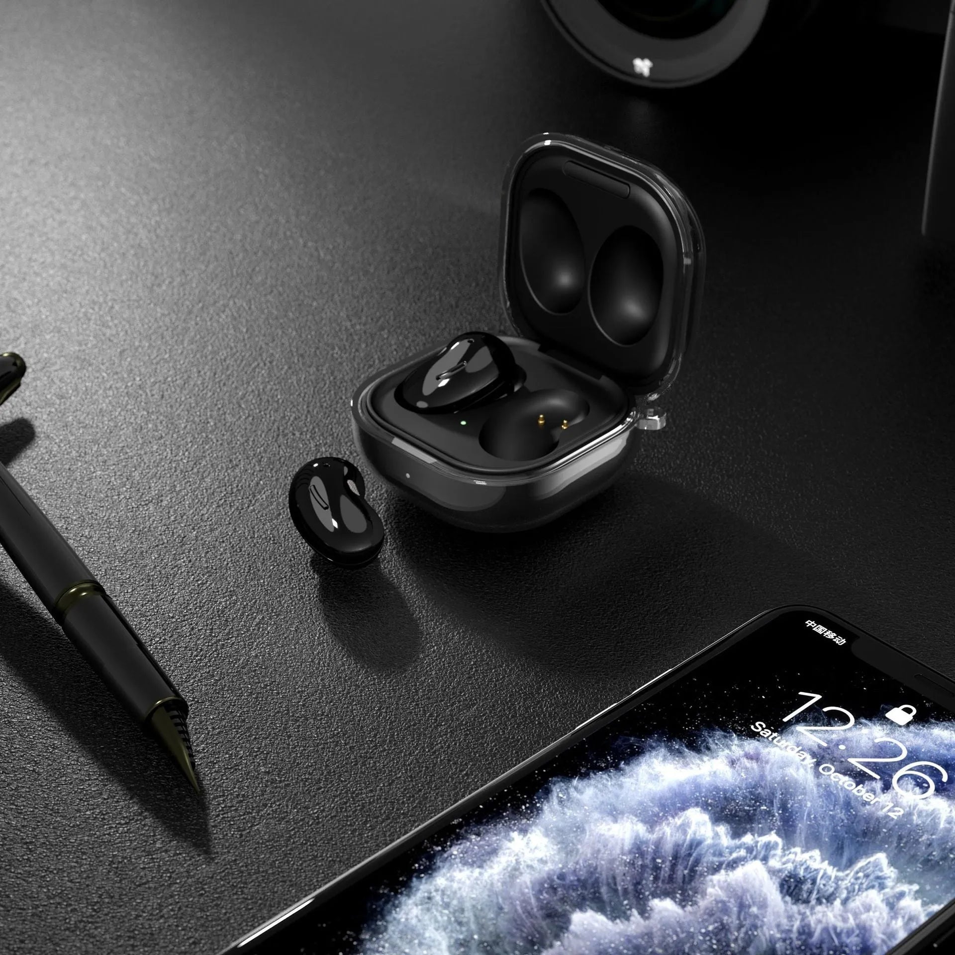 A transparent clamshell-style plastic case for Bluetooth earphones.