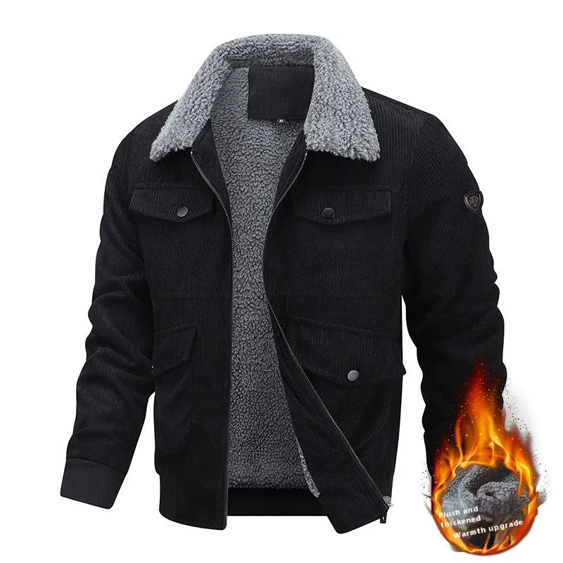Men's winter lapel fleece jacket with pockets, windproof cotton coat in khaki, grey, and black, sizes M to 8XL