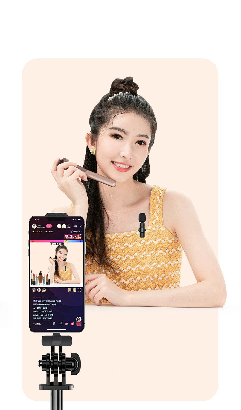 Wireless lavalier noise reduction microphone with clip, receiver, and Type C interface on white background