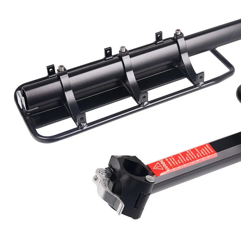 Black aluminium bicycle quick release shelf attached to seatpost with hex screws, adjustable for 20-29 inch bikes