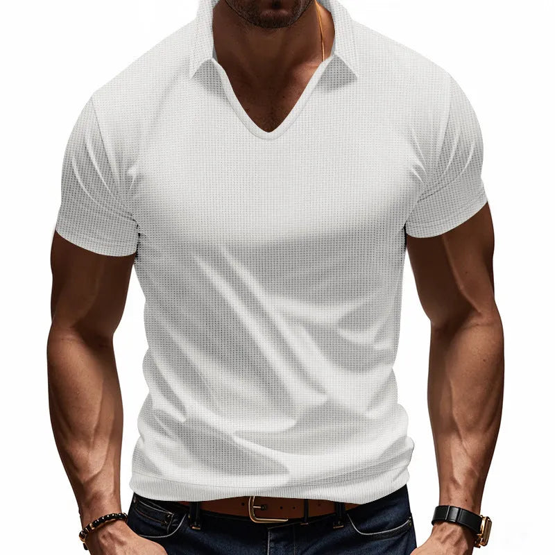 Men's loose-fitting light blue V-neck short-sleeved cotton blend t-shirt laid flat.