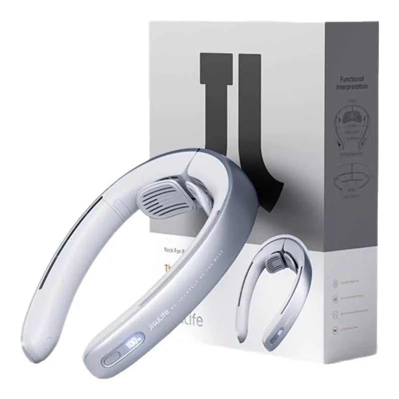 Silver grey hanging neck portable bladeless fan showing wearable design and USB charging port