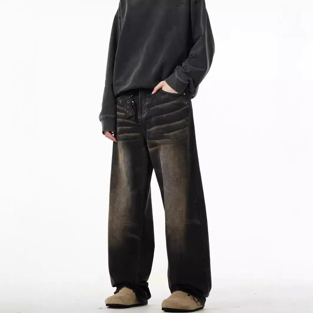Men's retro straight-leg low-waist jeans in black and gray with high elasticity polyester denim