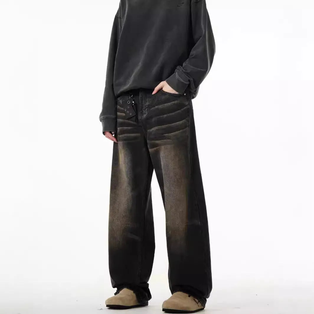 Men's retro straight-leg low-waist jeans in black and gray with high elasticity polyester denim