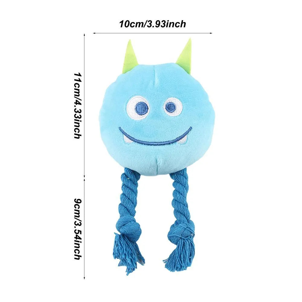 Blue cotton rope dog squeaky toy with strong knot design and cartoon animal shape