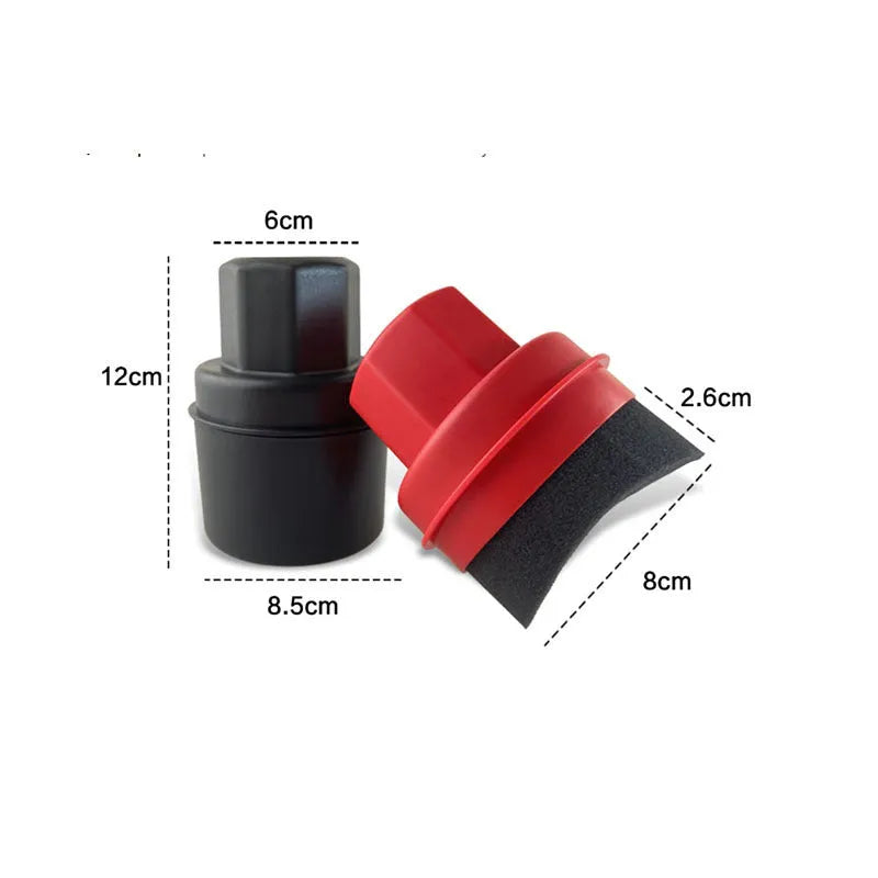 Black and red tyre sponge brush with polypropylene handle and snap-on lid for applying car tyre shine.