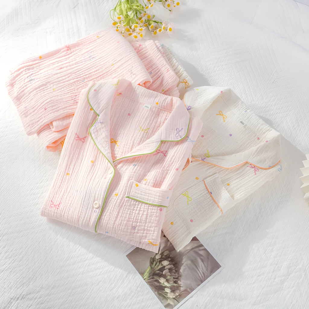 Women's cotton crepe pajamas suit in pink with long sleeves and trousers