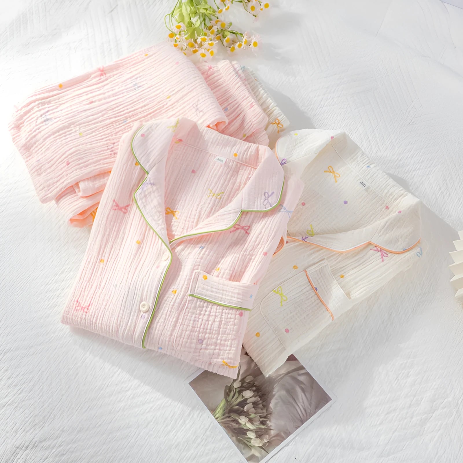 Women's cotton crepe pajamas suit in pink with long sleeves and trousers