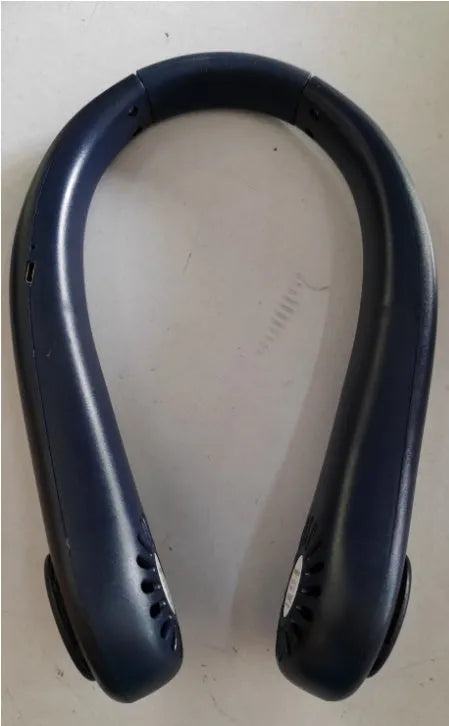 White rechargeable bladeless neck fan hanging around a person's neck showing its hands-free design