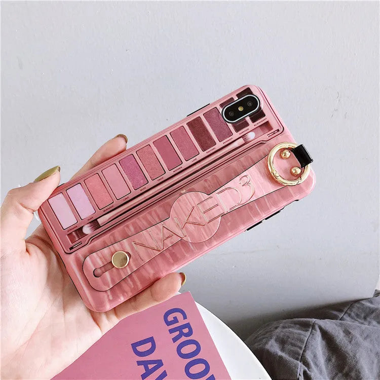 Rose red phone case compatible with iPhone 7/8 Plus with integrated eye shadow box and wristband