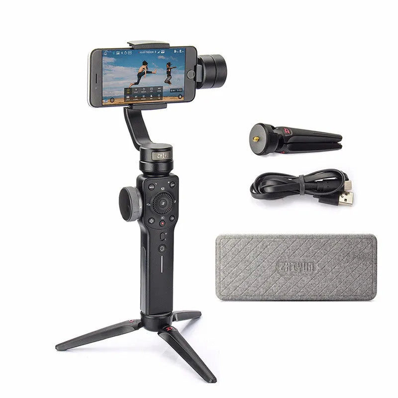 Black handheld mobile phone shooting stabiliser with ABS construction and extended battery life