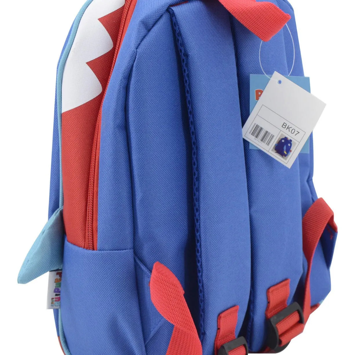 Blue children's schoolbag with animal pattern made from Oxford cloth, side view showing compact 29cm height