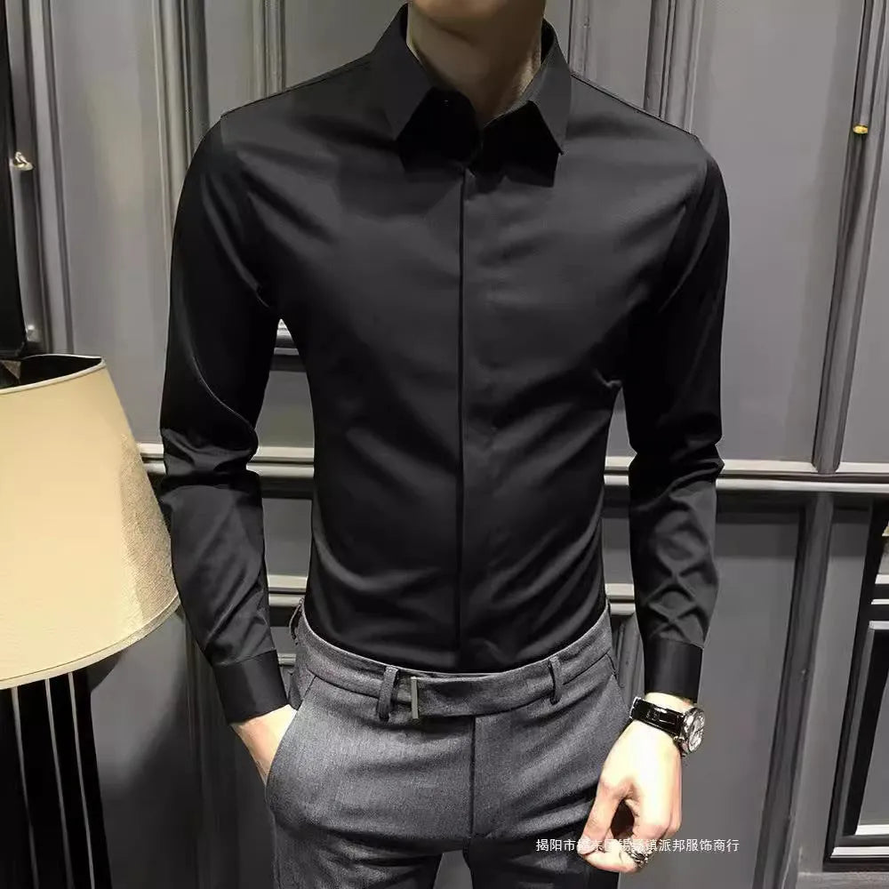 Men's long sleeve business shirt in solid white, black or dark grey, Korean-style cut, sizes M to 3XL