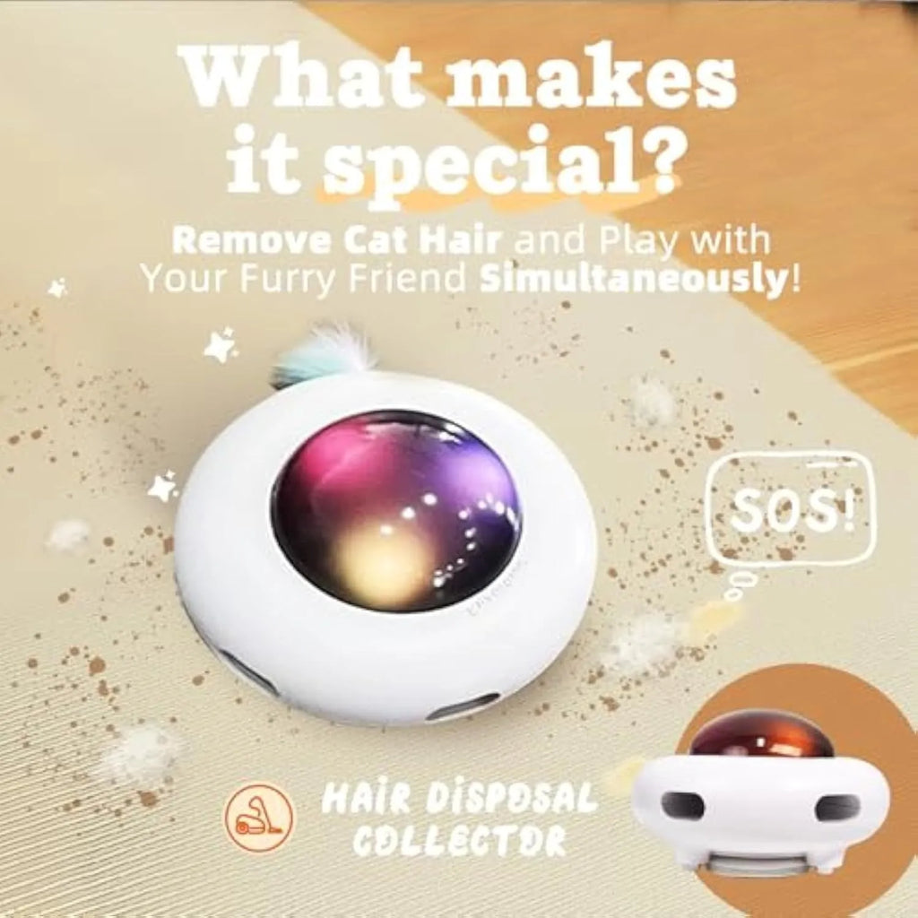 White UFO-shaped interactive cat toy with colourful feathers and LED lights for indoor feline enrichment