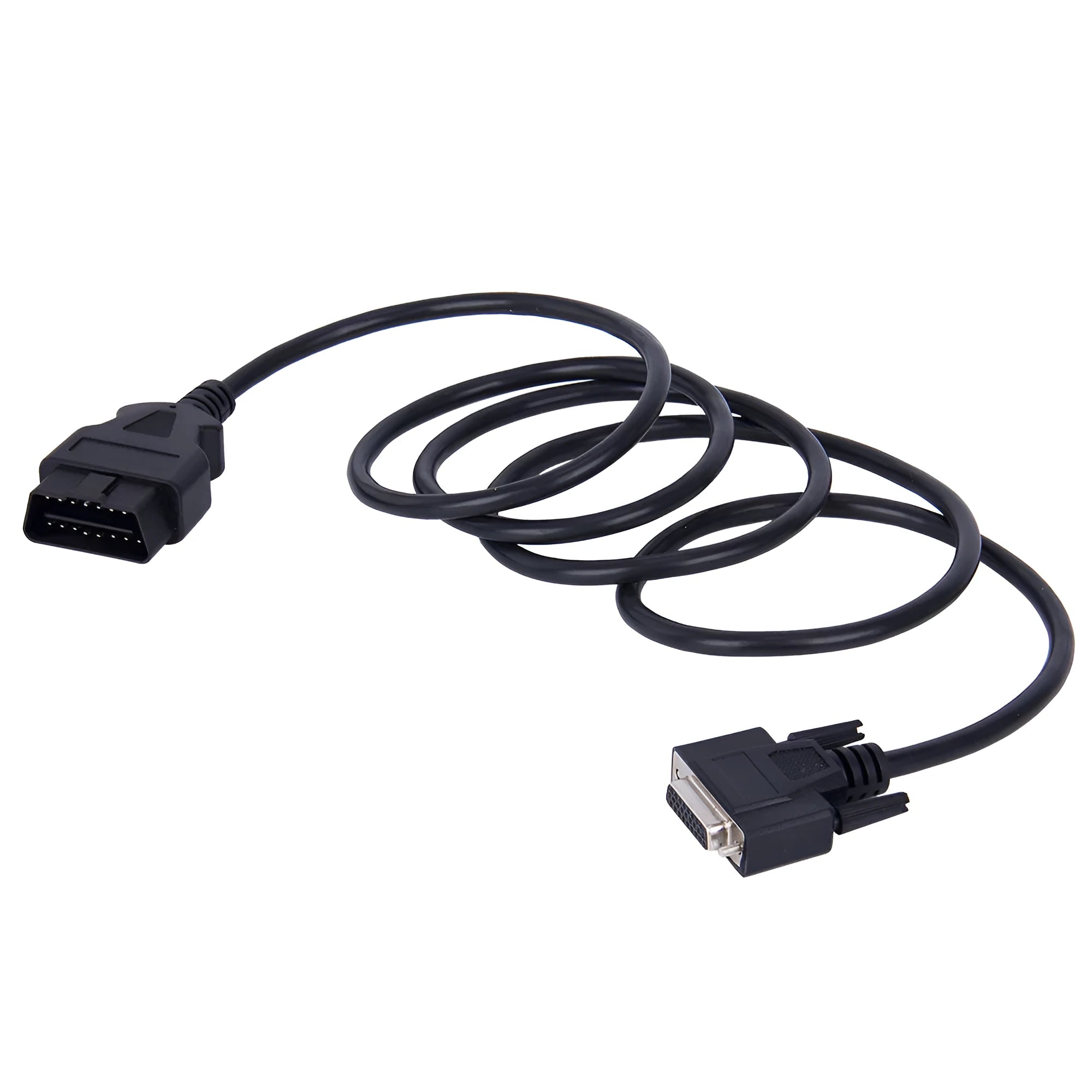 Black OBD2 male to DB26 female extension cable 180cm long with connectors visible