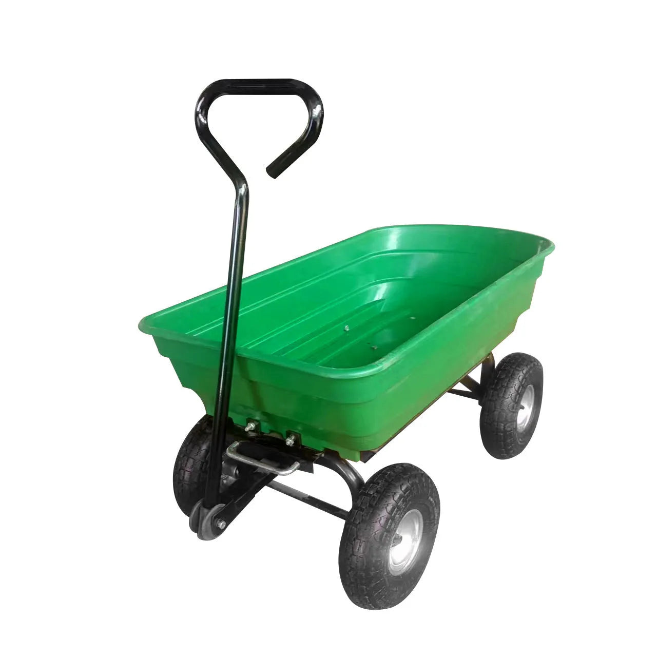 Green four-wheel steel and plastic dump truck with large load bed.