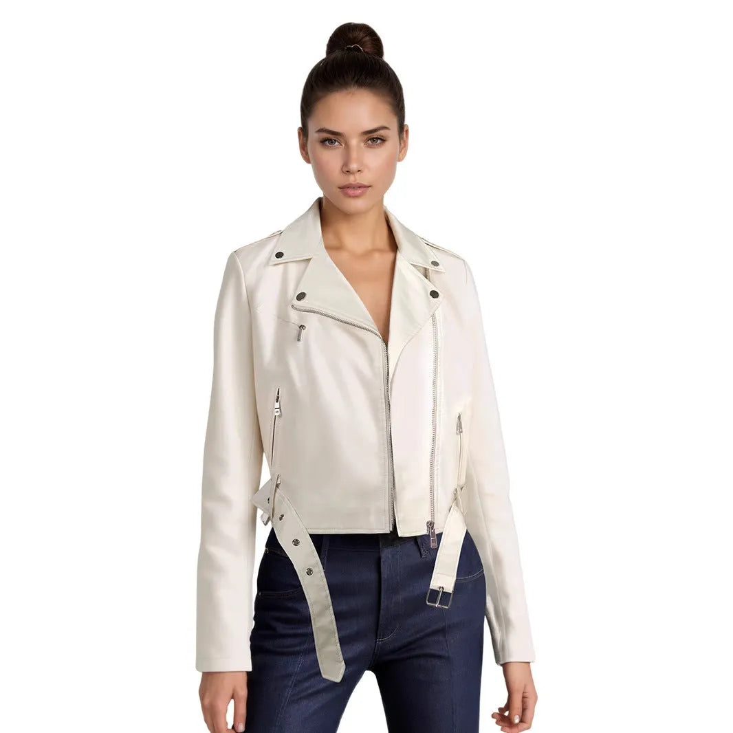 Women's short black PU leather jacket with lapel collar and an adjustable waist belt on a hanger.