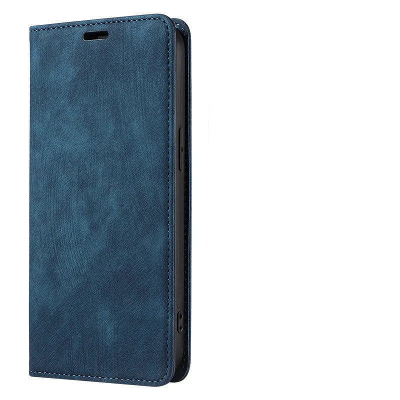 Magnetic flip phone case for iPhone in grey colour, showing front cover closed with magnetic seal.