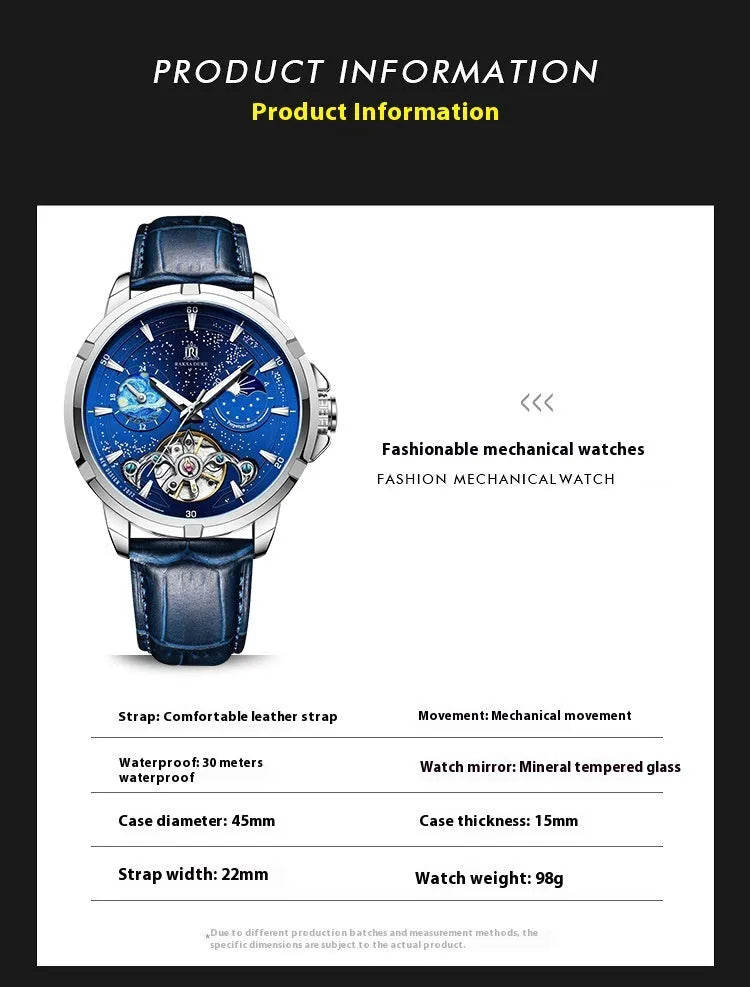 Men's automatic mechanical watch with blue dial and stainless steel case, showing clasp.