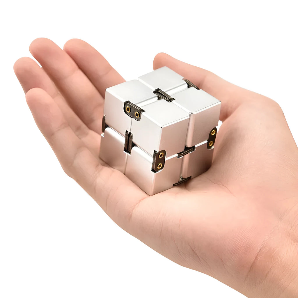 Zinc alloy infinity cube fidget toy showing black and silver colour options, sized at 4cm.