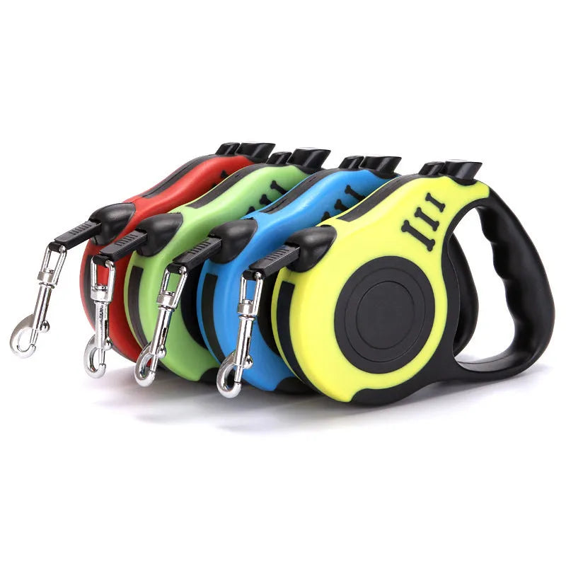 Automatic telescopic pet traction rope with one-handed braking, TPE PP handle, nylon lead, and metal buckle in blue, red, yellow, or green
