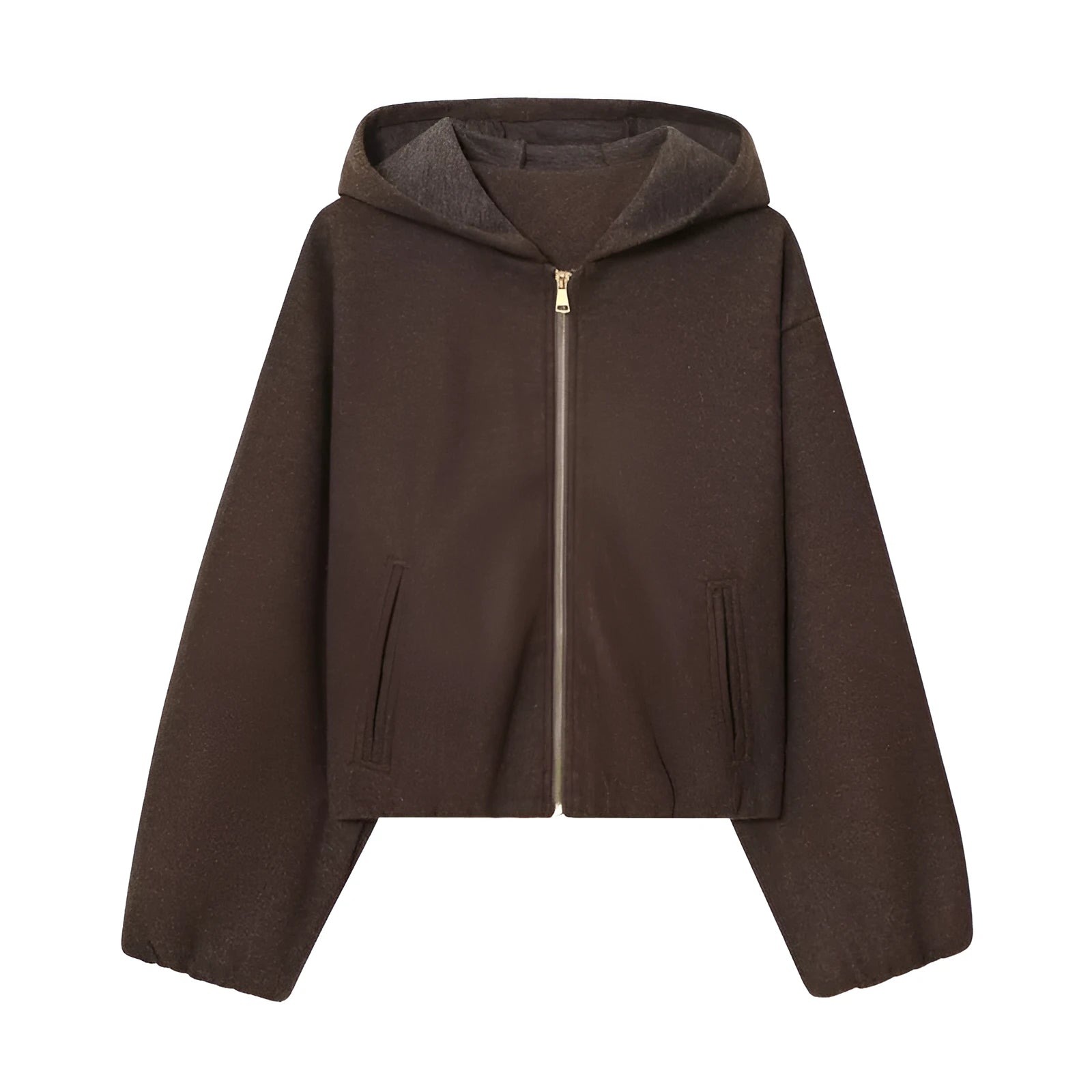 Women's PU faux leather hooded jacket with zipper front in picture colour, medium thickness, long sleeves, casual style