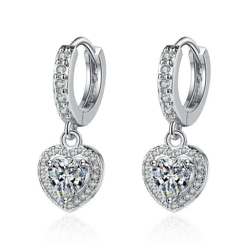 Copper inlaid zircon love earrings for women, heart shape, white gold colour, Korean style with polka dot detail.