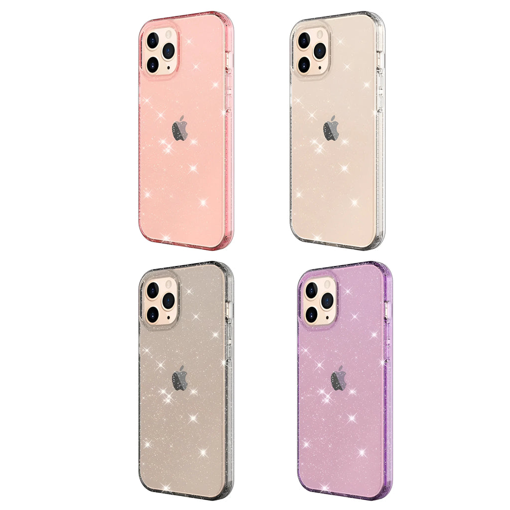 Glitter transparent TPU phone case for iPhone 12 Pro Max shown in pink, black, purple, and clear colours.