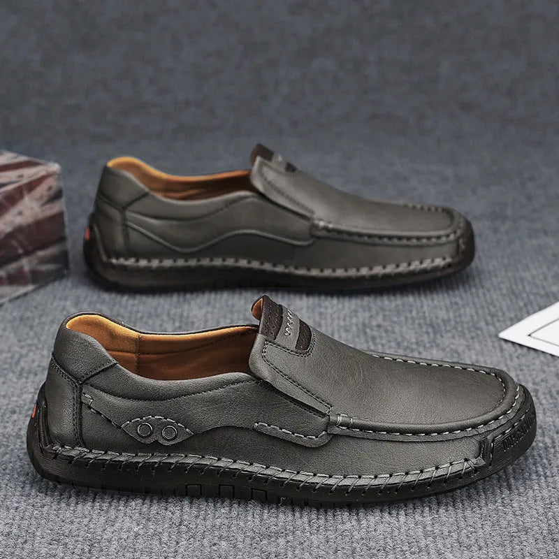 Large size handmade men's leather outdoor shoes in black with flat rubber sole