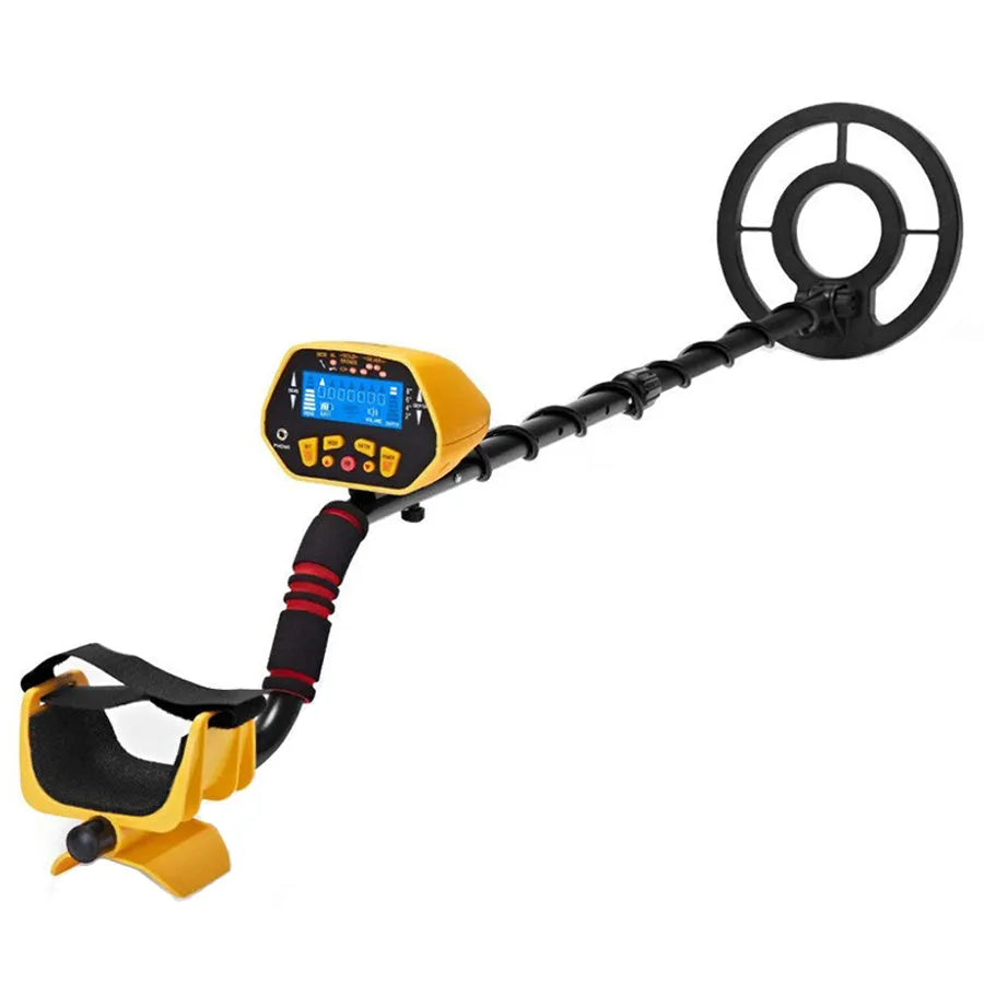 GC1028 black and yellow metal detector with LCD screen and adjustable shaft on grass.