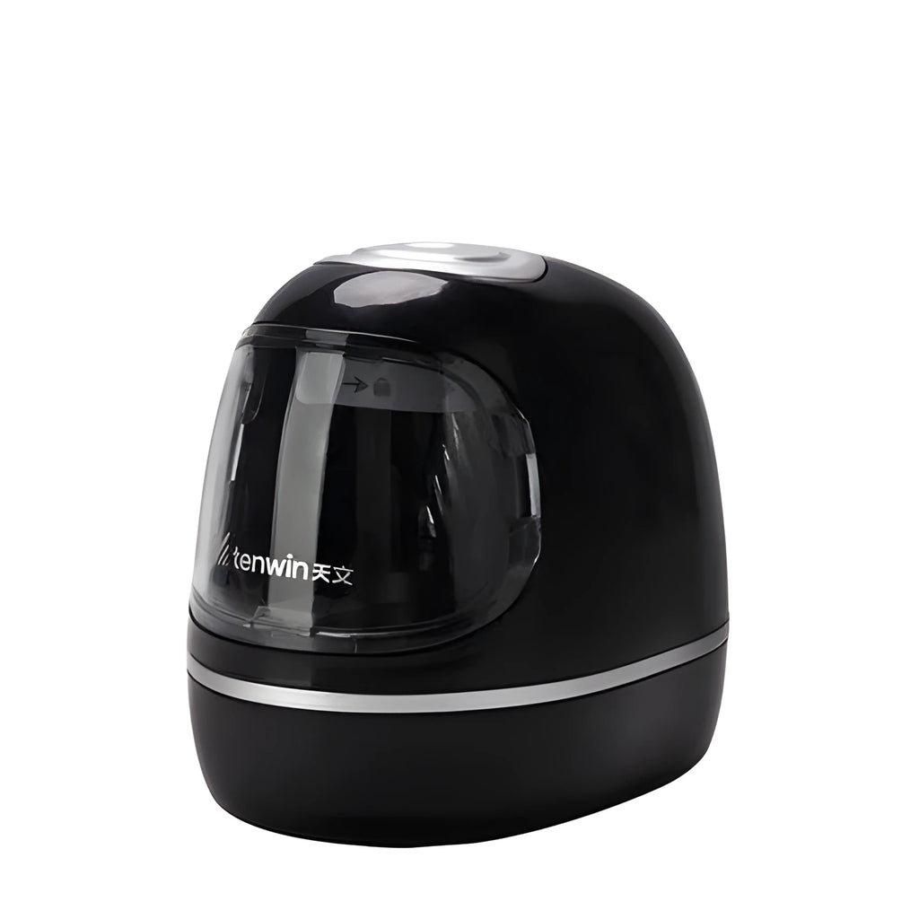 Electric pencil sharpener with three-speed dial and auto-stop, plastic body, black colour, compact size