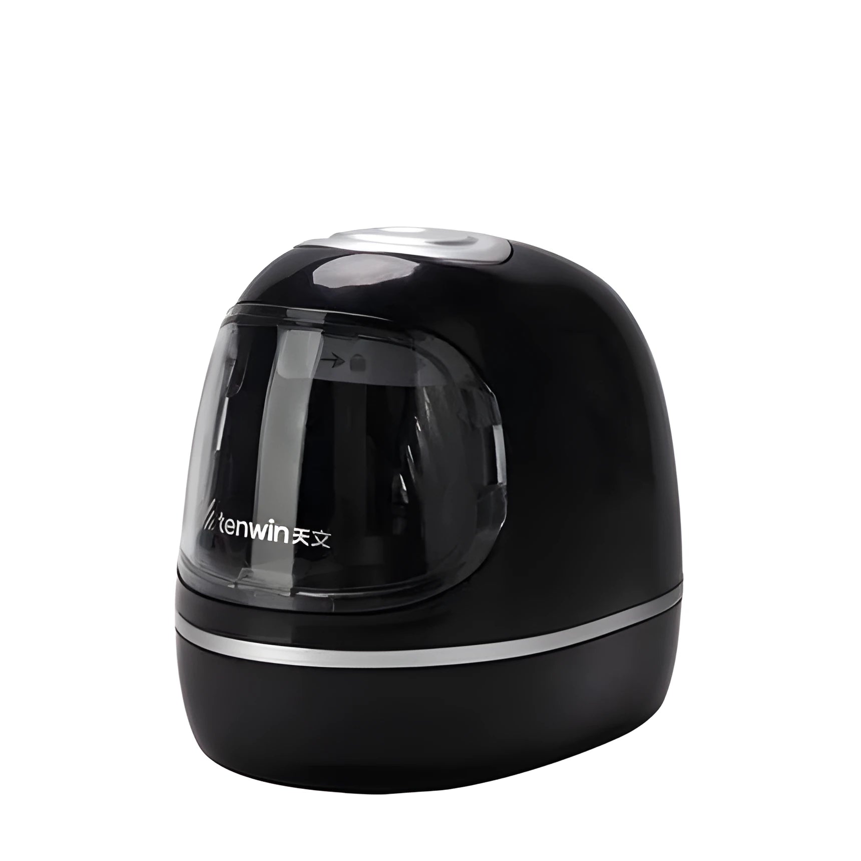 Electric pencil sharpener with three-speed dial and auto-stop, plastic body, black colour, compact size