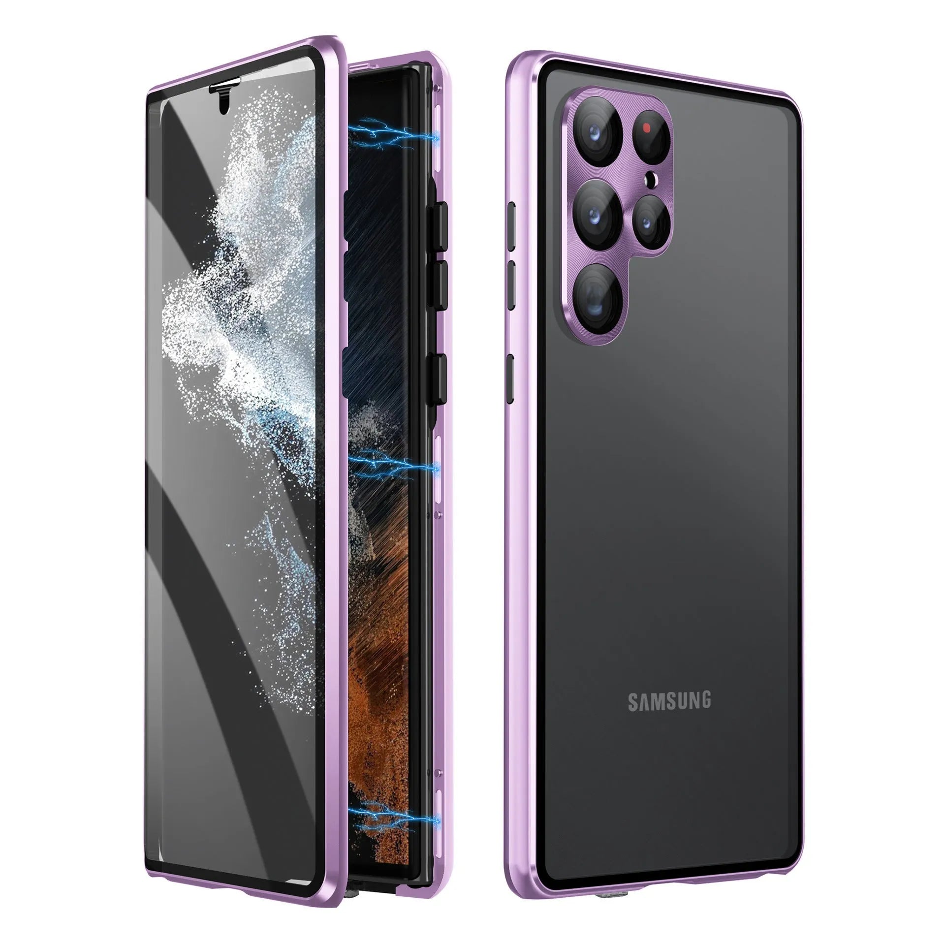 Metal magnetic phone case with peep-proof mirror for Samsung Galaxy S24 Ultra in multiple colour options.