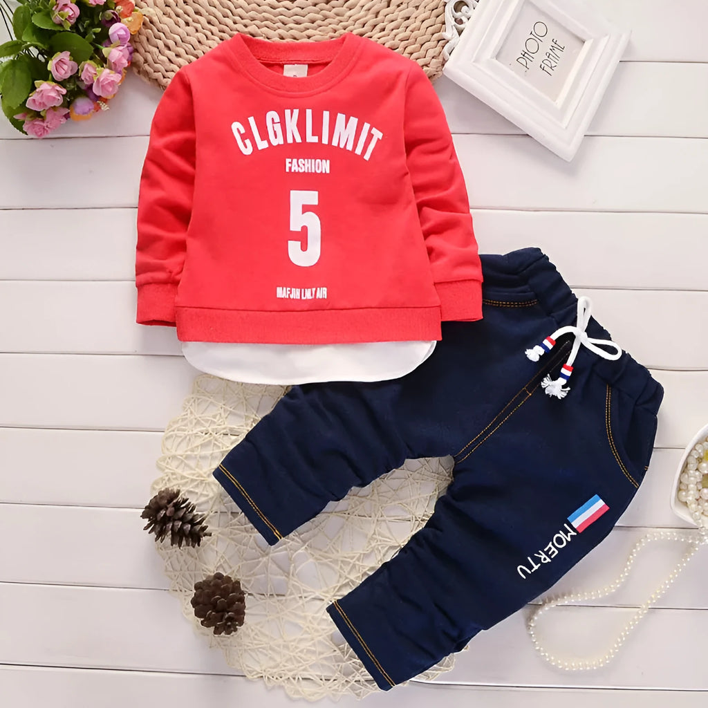 Boys red cotton tracksuit two-piece set with long sleeves and letter print on white background
