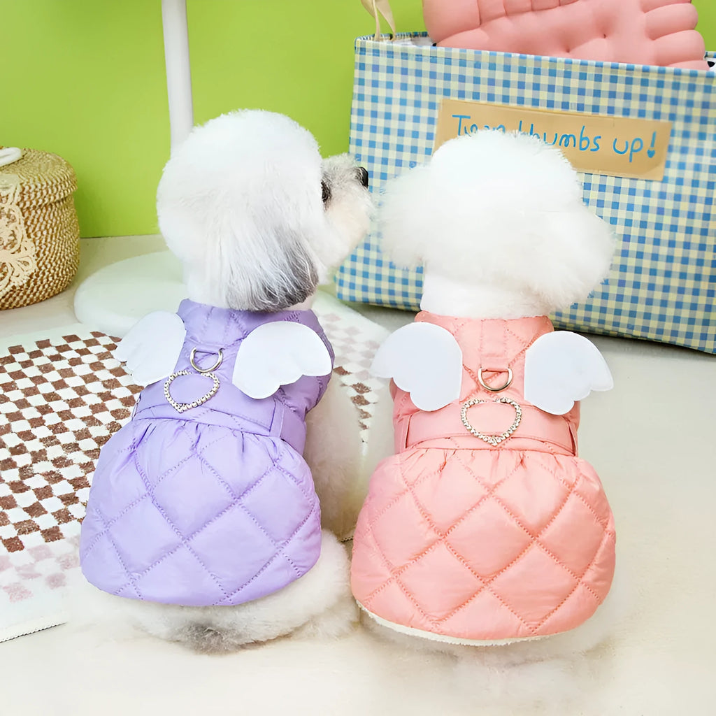 A pink or purple casual skirt for small dogs made from polyester with a thick cotton lining.