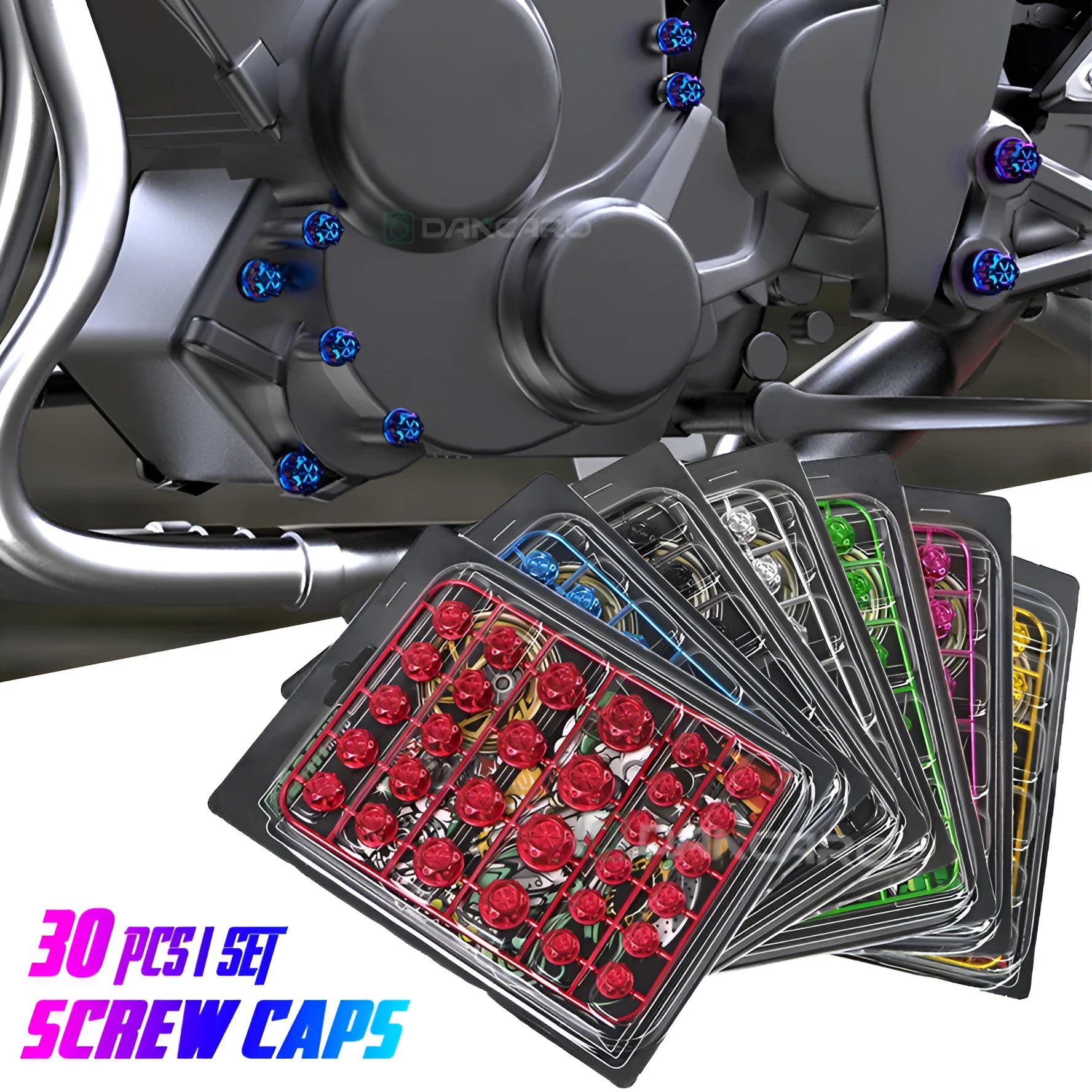 Set of 30 coloured ABS plastic screw caps for motorcycle engine bay customisation