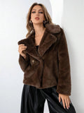 Women's short length loose fit faux fur coat in rose red colour with regular sleeves