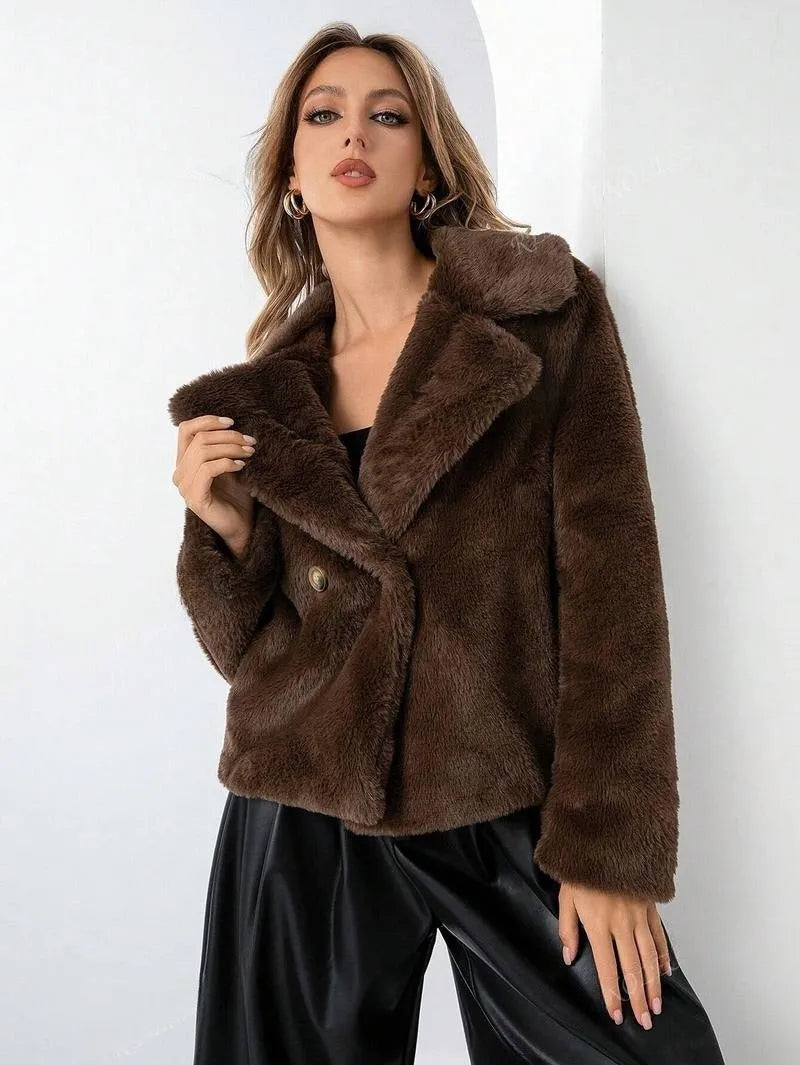 Women's short length loose fit faux fur coat in rose red colour with regular sleeves