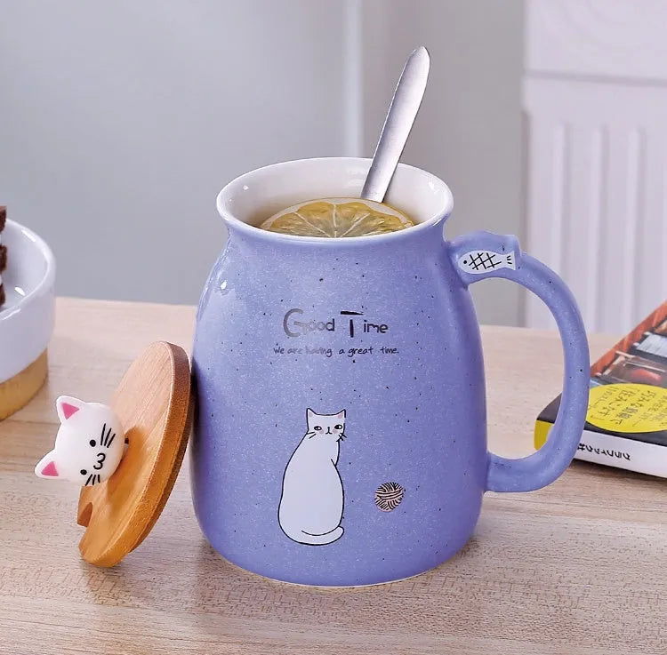 450ml cartoon cat ceramic mug with wooden lid and stainless steel spoon in blue, pink, purple, or yellow