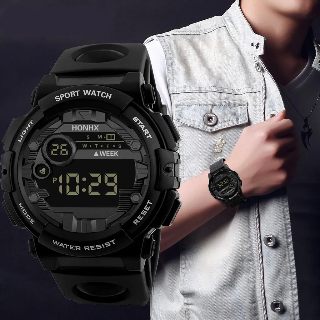 Digital watch with calendar alarm stopwatch LED display round resin case 43mm PU strap black blue red