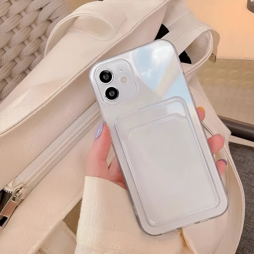 Transparent PVC phone case for iPhone with a built-in slot for credit cards.