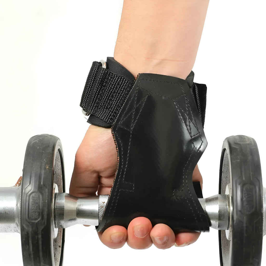 Black rubber palm protector with an assist strap for weightlifting and rock climbing.