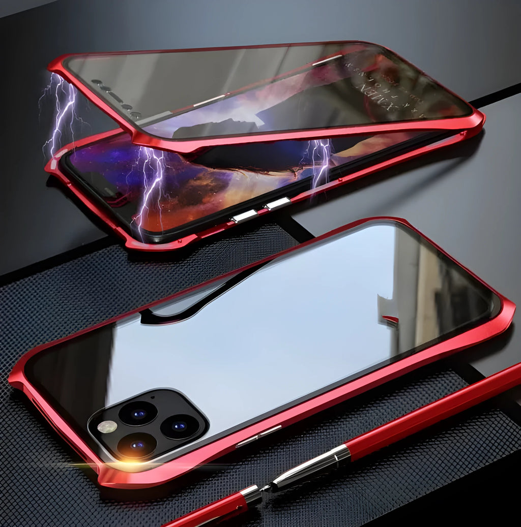 Metal glass magnetic king protective phone cover for iPhone 11 in black, red, blue, and silver colours.