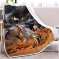 Black horse themed Sherpa fleece blanket with hemmed edges, available in 130x150cm and 150x200cm