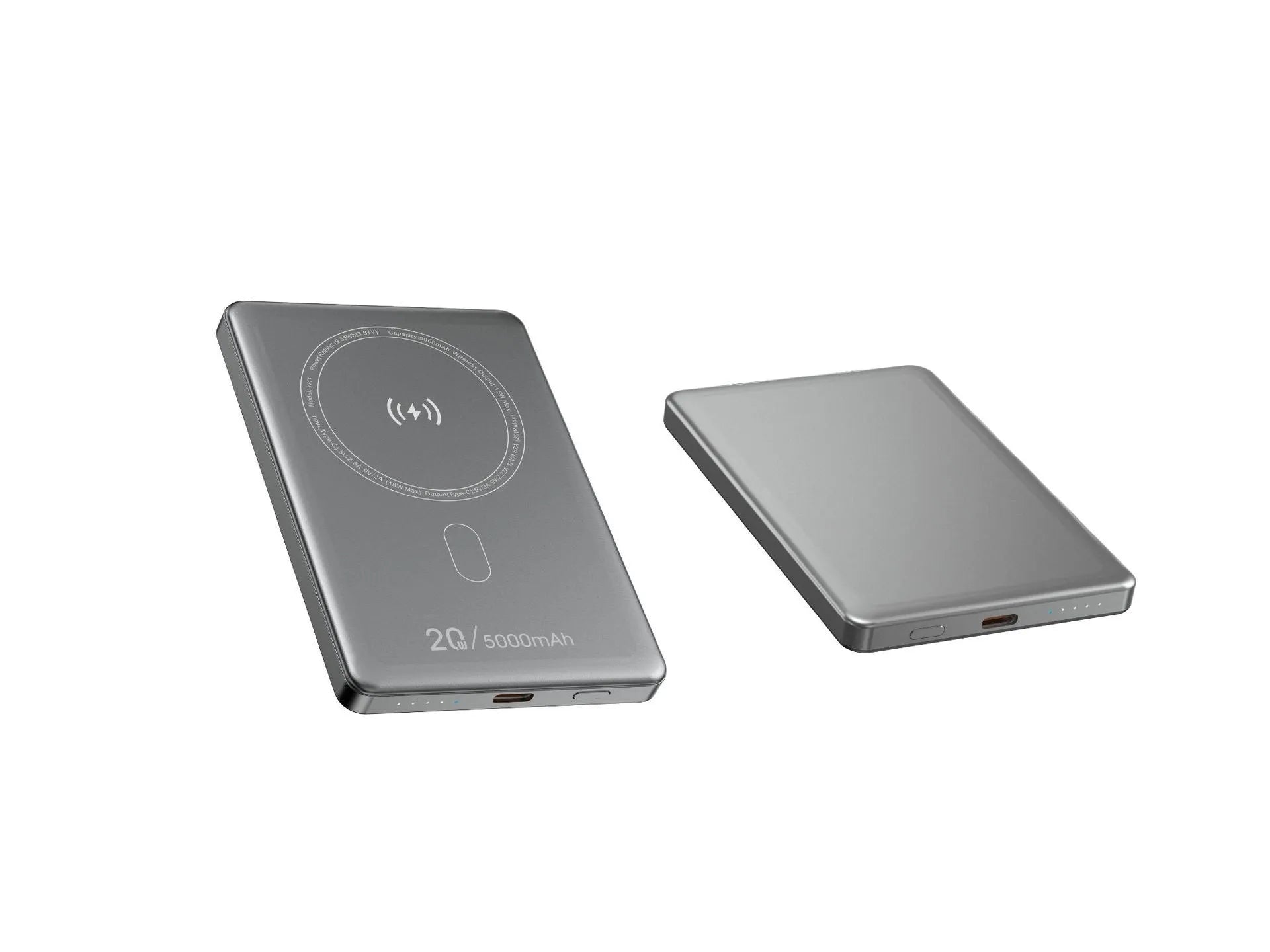 Wireless power bank with alloy shell in black, front view showing magnetic charging surface