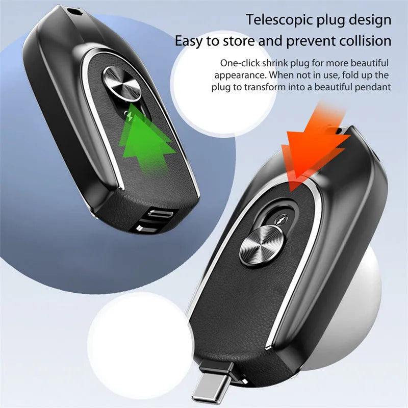 Black mini keychain power bank with Type-C and iPhone outputs, 1200mAh, hanging buckle, 71 x 19.5 x 38mm