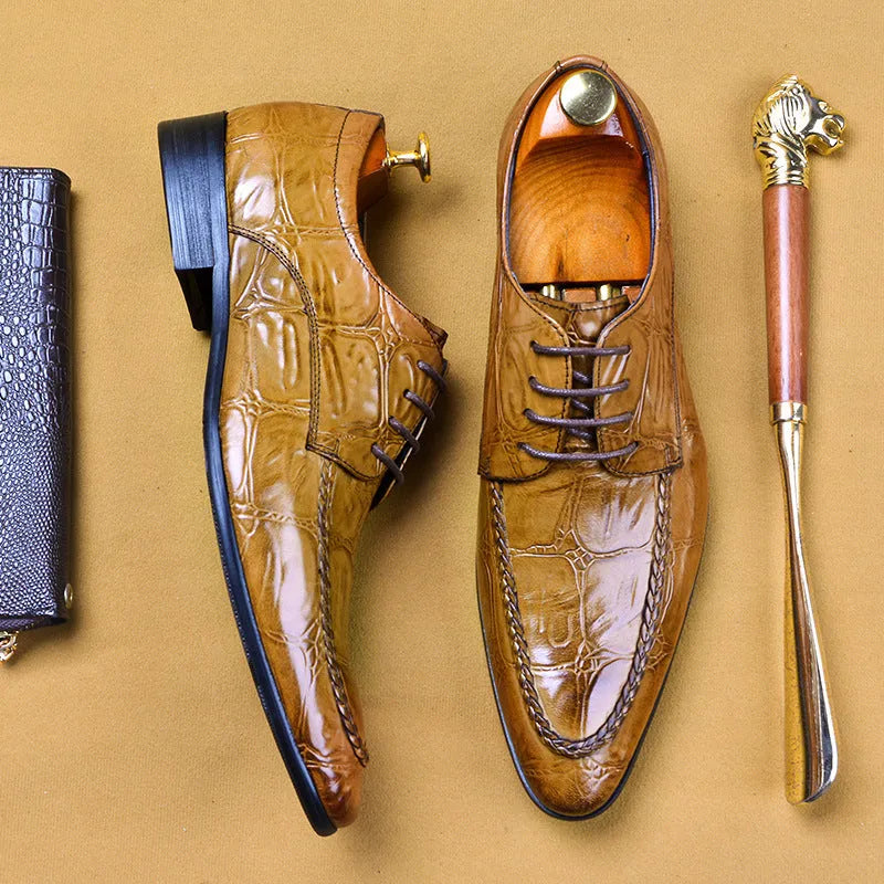 Men's brown leather shoes with horse bit buckle detail and rubber sole