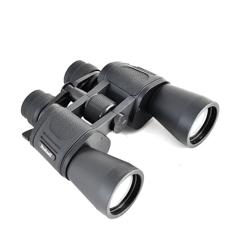 A set of black outdoor telescope binoculars with large objective lenses, shown with a continuous zoom ring on the central bridge.