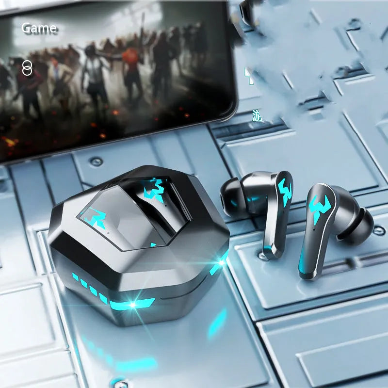 Black wireless Bluetooth stereo gaming headset with in-ear sports earplug design