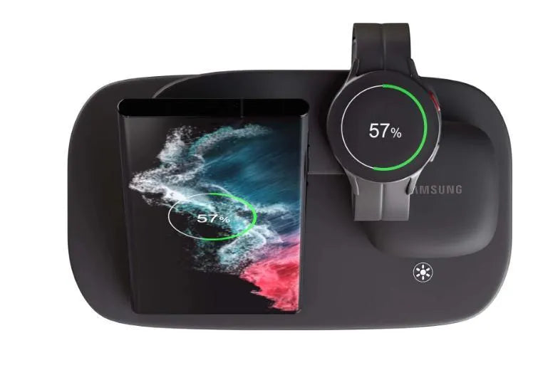 Vertical 3-in-1 wireless charging stand for mobile phone, smartwatch, and headphones.
